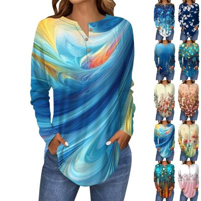 Футболки для женщин, осенние повседневные рубашки с длинным рукавом на пуговицах, толстовка с винтажным принтом, топ, пуловер