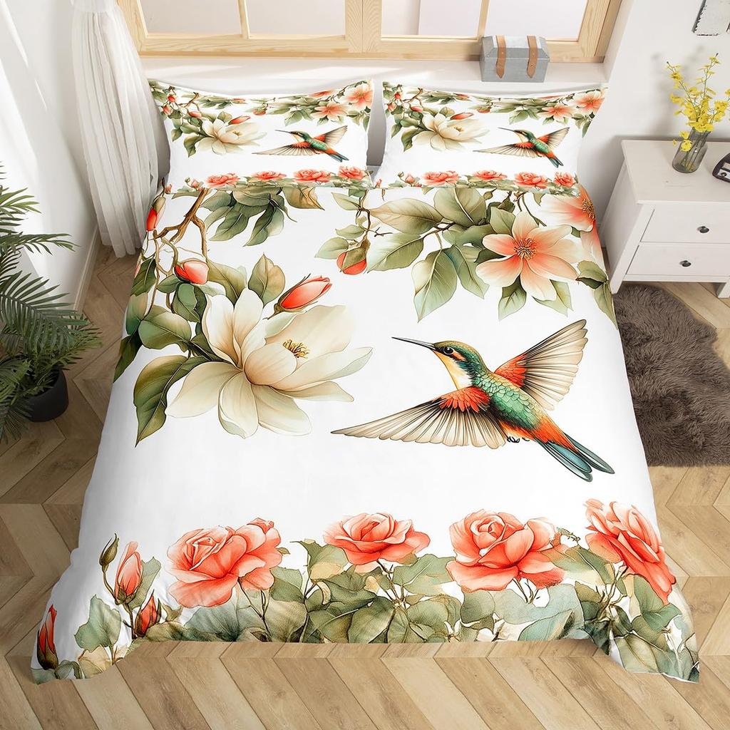Пододеяльник с колибри и цветами, Постельный комплект с птицами, Синий, Зеленый, Весенний, Дикие животные, Ботанический, Чехол для одеяла, Полиэстер, Чехол для одеяла