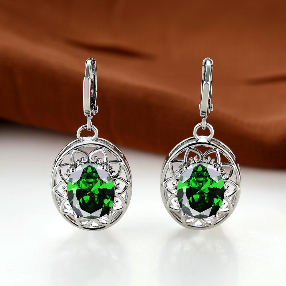 Dainty Oval Cut Olive Green Stone Flower Hoop Earrings Luxury Classic Silver Color Engagement Earrings for Women