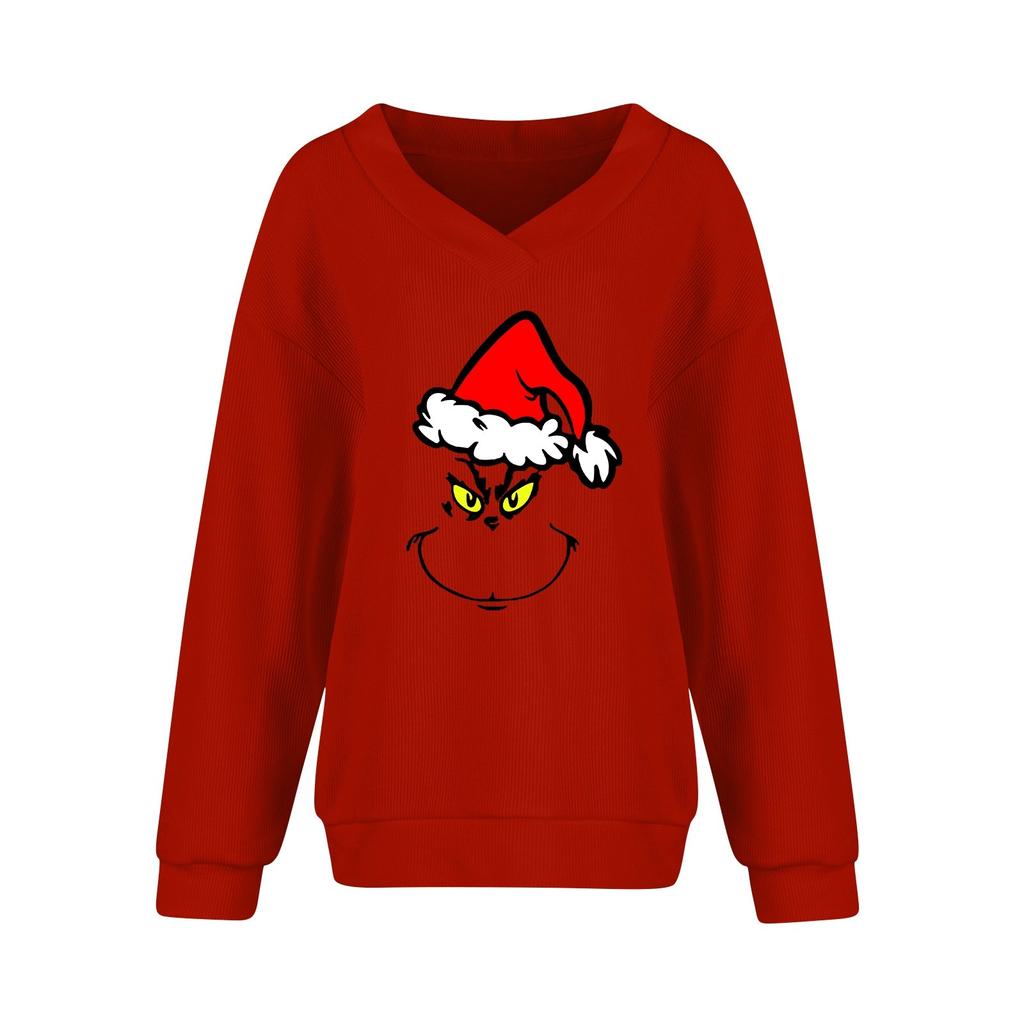 Женская мода повседневная рождественская принтованная трикотажная кофта с V-образным вырезом и длинными рукавами, модный милый свитшот