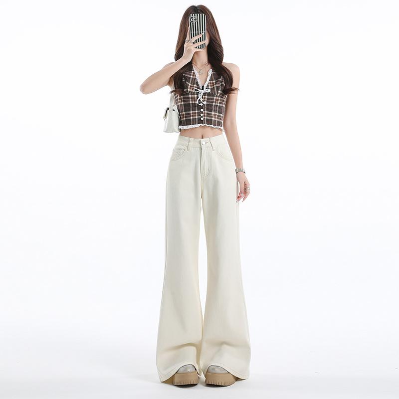 Apricot cotton overalls women's summer new rear pocket design wide legs straight high waist thin horn pants