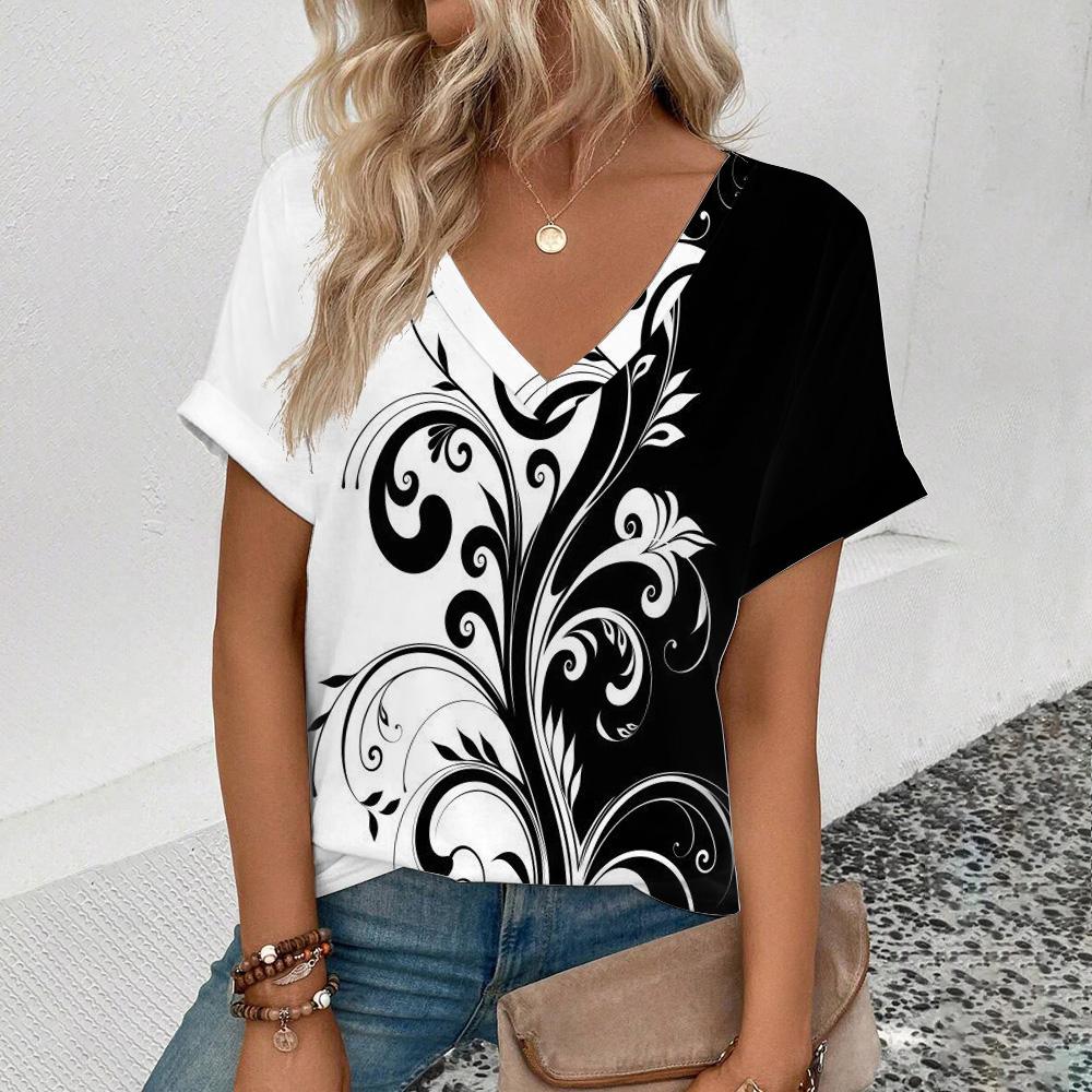 Elegant Women's V-Neck T-Shirt Fashion Floral Pattern Print T-Shirt Popular Women's Short Sleeve T-Shirt Summer Leisure T-Shirt