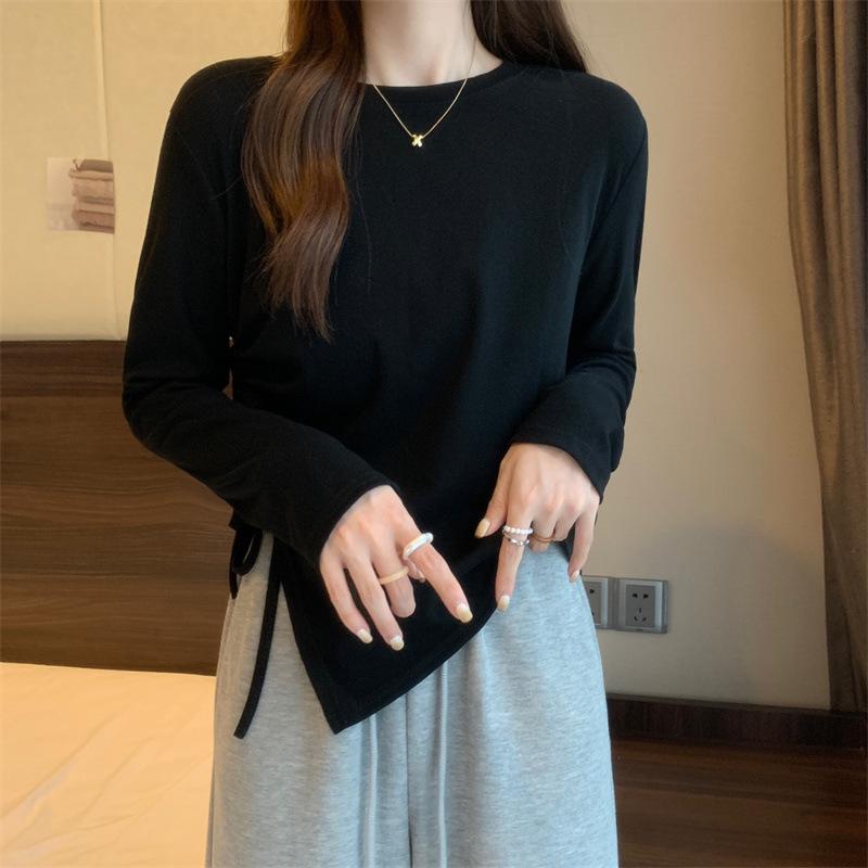 Корейская весна 2025 женская универсальная футболка с длинным рукавом и завязками, нестандартный дизайн, облегающий крой