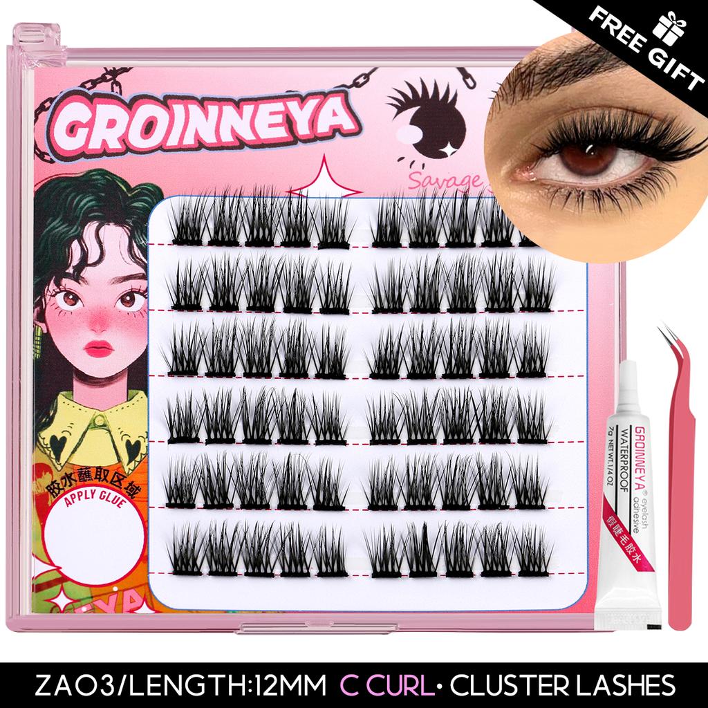 GROINNEYA DIY Eyelash Extension Kit Individual Lashes Cluster Mix Lash Clusters with Lash Bond and Seal and Lash Accessories