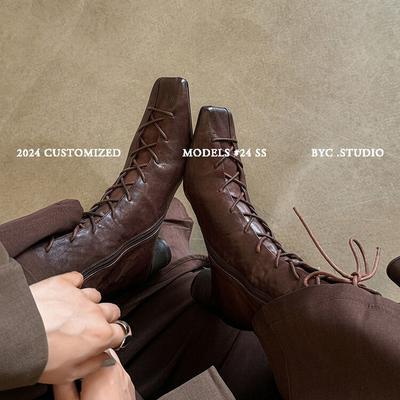 Полностью кожаные туфли с квадратным носком в нишевом французском дизайне 2025 новая модель на толстом каблуке на шнуровке одинарные туфли женские на высоком каблуке европейские товары женские