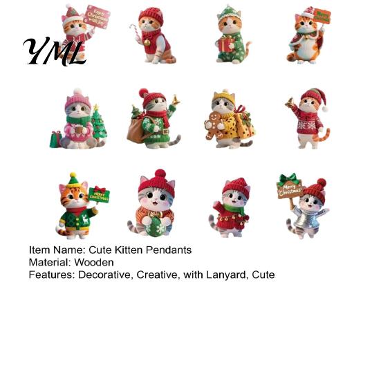 Festive Kitten Decor for Party Cute Christmas Tree Hanging Ornaments with Lanyards, Wooden Cat Decorative Pendants Pendants, Charms Holiday Home Wall