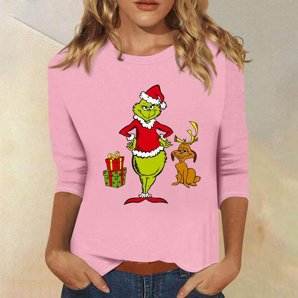 3/4 Sleeve Tops For Women T-Shirt Casual Christmas Print Tops T Shirt Round Neck Pullover Blouse