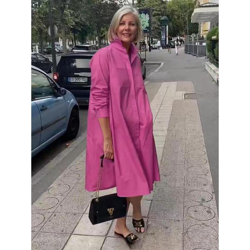Women's Solid Color Long Sleeve Lapel Simple Loose Shirt Dress
