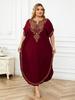 Plus Size Glod Embroidered Deep Red V-neck Bat Sleeve Kaftan Summer Beach Dress Women Outfit Swim Suit Cover Up Loose Caftan