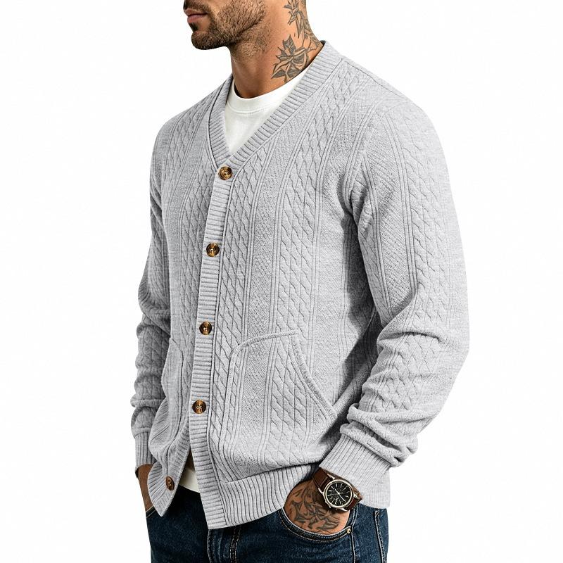 V Neck Long Sleeve Buttoned Jacquard Solid Color Casual Vintage Cardigan Sweatshirt