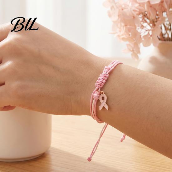 Adjustable Braided Bracelet Breast Cancer Awareness for Women, Woven String with Lightweight Daily Wear Wristband Ribbon Charm, Handmade Rope Survivor