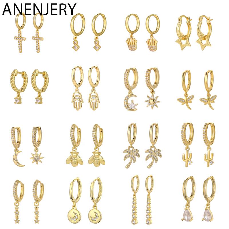 ANENJERY Модные серьги-кольца с кубическим цирконием, крестом, звездой и Луной, серьги-кольца для женщин, серьги золотого, серебряного цвета, ювелирные изделия Pendientes