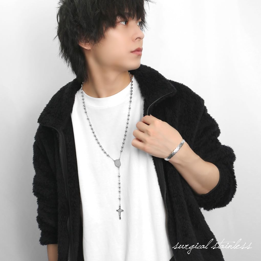 [Shinjuku Gin no Kura] Stainless Steel Rosary Necklace Pendant, Surgical Stainless Steel, Hypoallergenic, Christ, Virgin Mary, Cross