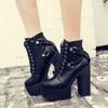 Fashion Black Boots Women Heel Spring Autumn Lace-up Soft Leather Platform Shoes Woman Ankle Boots