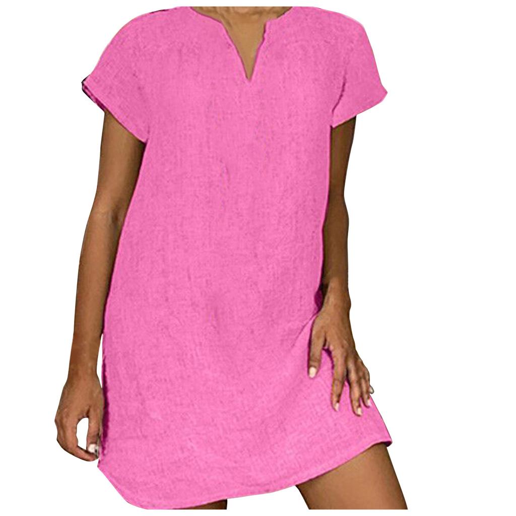 Женская мода, летняя свободная юбка, хлопковое льняное платье с коротким рукавом и v-образным вырезом