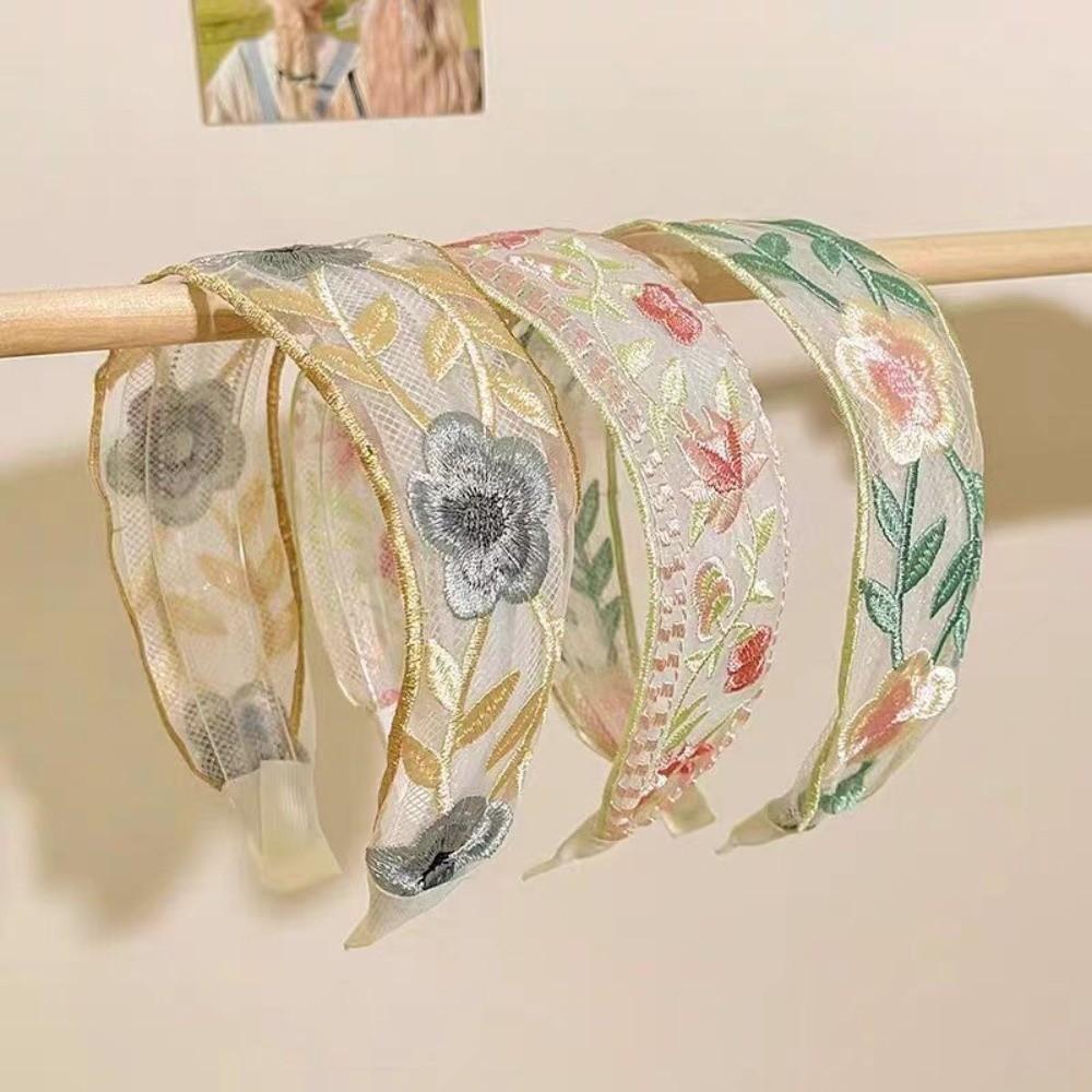 Non-slip Embroidered Floral Headband Lightweight Wide Brim Hairband Pastoral Hair Hoop Daily Wear