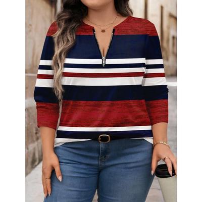 Женская повседневная футболка с принтом в красную, белую и синюю полоску, свободного кроя, с круглым вырезом и длинными рукавами, женские топы с длинными рукавами, красный и синий топ, осенние топы