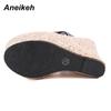 Aneikeh Summer Flip-flops Wedges Women's Shoes Fashion Classics PU Platform Head Peep Toe Thin High Heels Slippers Size 35-42
