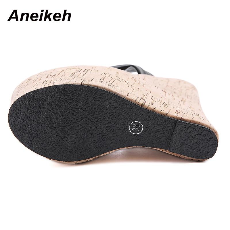 Aneikeh Summer Flip-flops Wedges Women's Shoes Fashion Classics PU Platform Head Peep Toe Thin High Heels Slippers Size 35-42