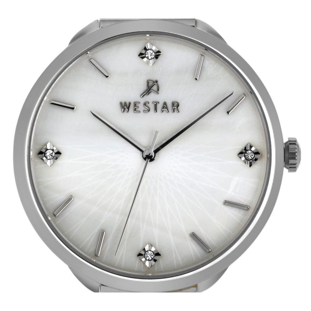 Westar Zing Crystal Accents Нержавеющая сталь Сетка Белый перламутровый циферблат Кварцевые женские часы 00128STN11