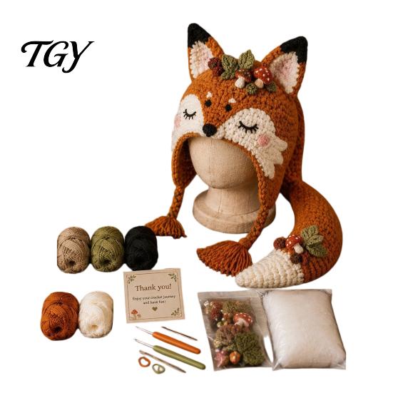 Cute Animal Hat Pattern Crochet Kit, Fantasy Hood DIY Handmade Winter Ear Protection Unicorn Fox Frog Earflap Crafting Kit for Adults