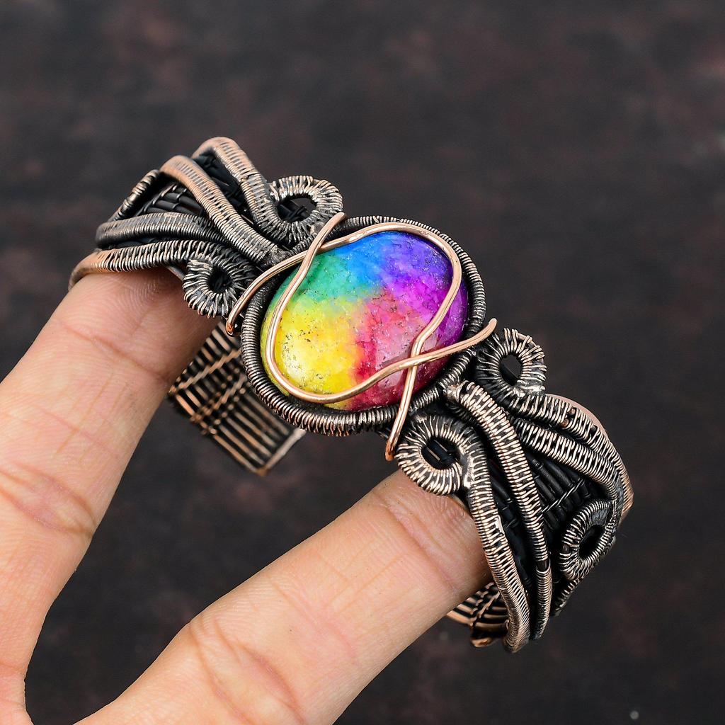 Rainbow Solar Quartz Druzy Bangle Copper Wire Wrapped Gemstone Cuff Bracelet Adjustable Bangle Handmade Bracelet Copper Jewelry Gift For Mom