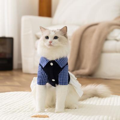 Кошачье платье Мягкое кошачье платье с бантом Милое платье в стиле преппи Юбки принцессы для питомца Воротник-стойка Креативная плиссированная юбка для щенка Вечеринка для питомца