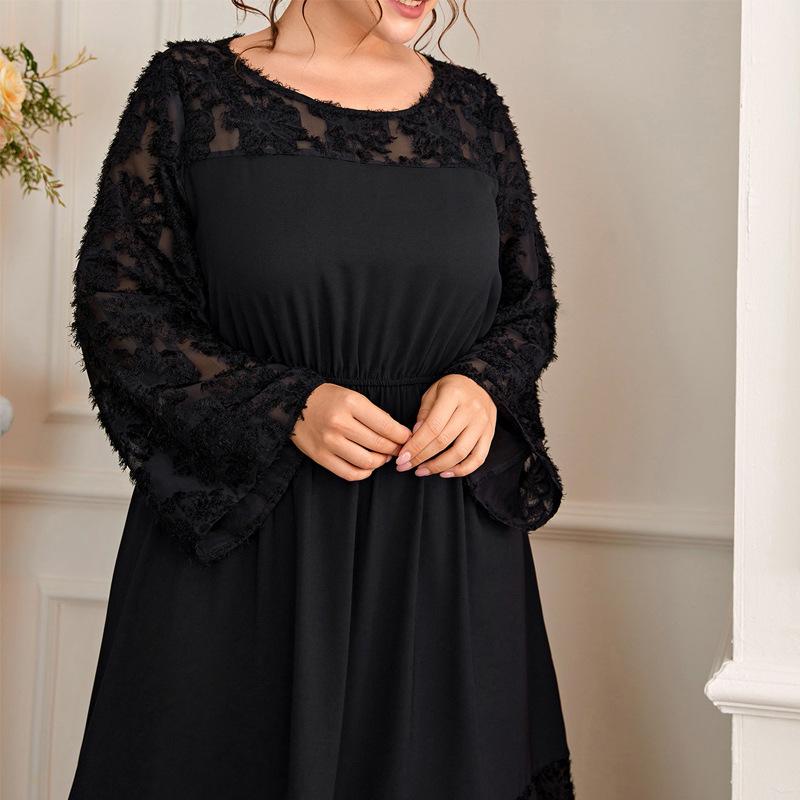 Women's Plus Size Slim Temperament Sexy Lace Dress French See Through Midi Dress