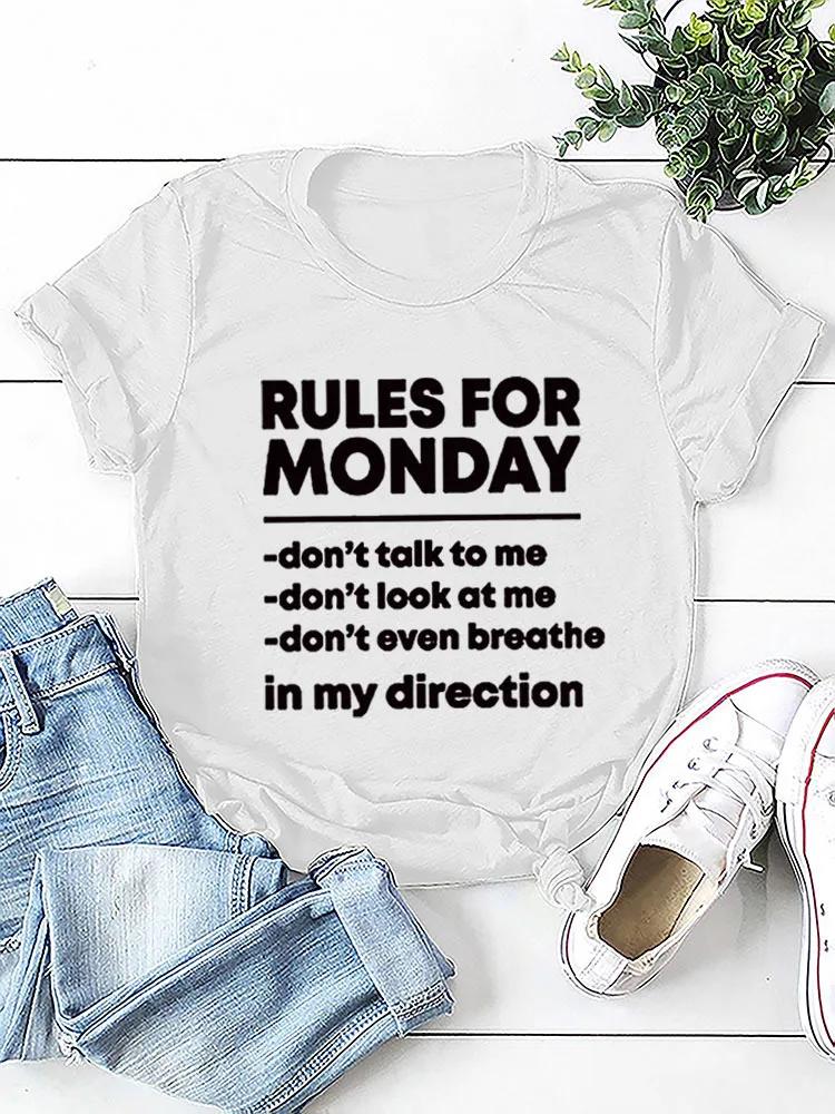 RULES FOR MONDAY Женская футболка с принтом в виде букв, с коротким рукавом и круглым вырезом, свободная женская футболка, женская футболка, топы, женские футболки