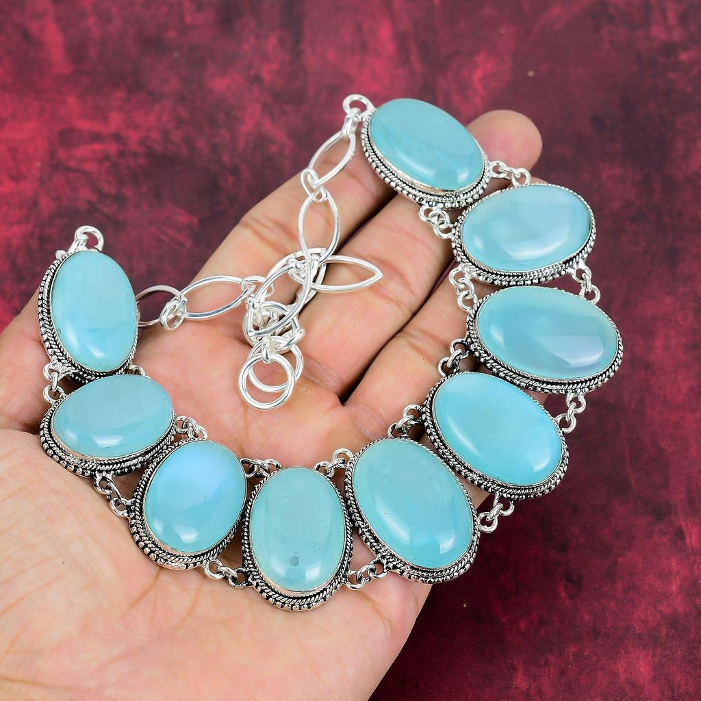 Ювелирные изделия из драгоценных камней ручной работы с аква-халцедоном, ожерелье из стерлингового серебра 925 пробы, ювелирные изделия уникального дизайна, регулируемое ожерелье-цепочка