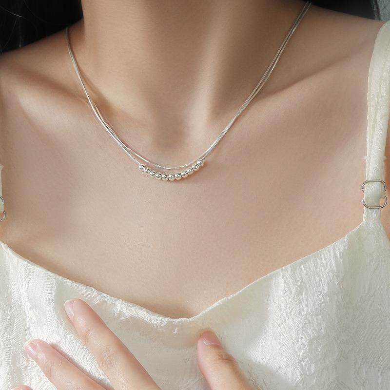 Minimalist Double Layer Snake Bone Round Bead Silver Clavicle Necklace For Women Light Luxury Niche High End Design