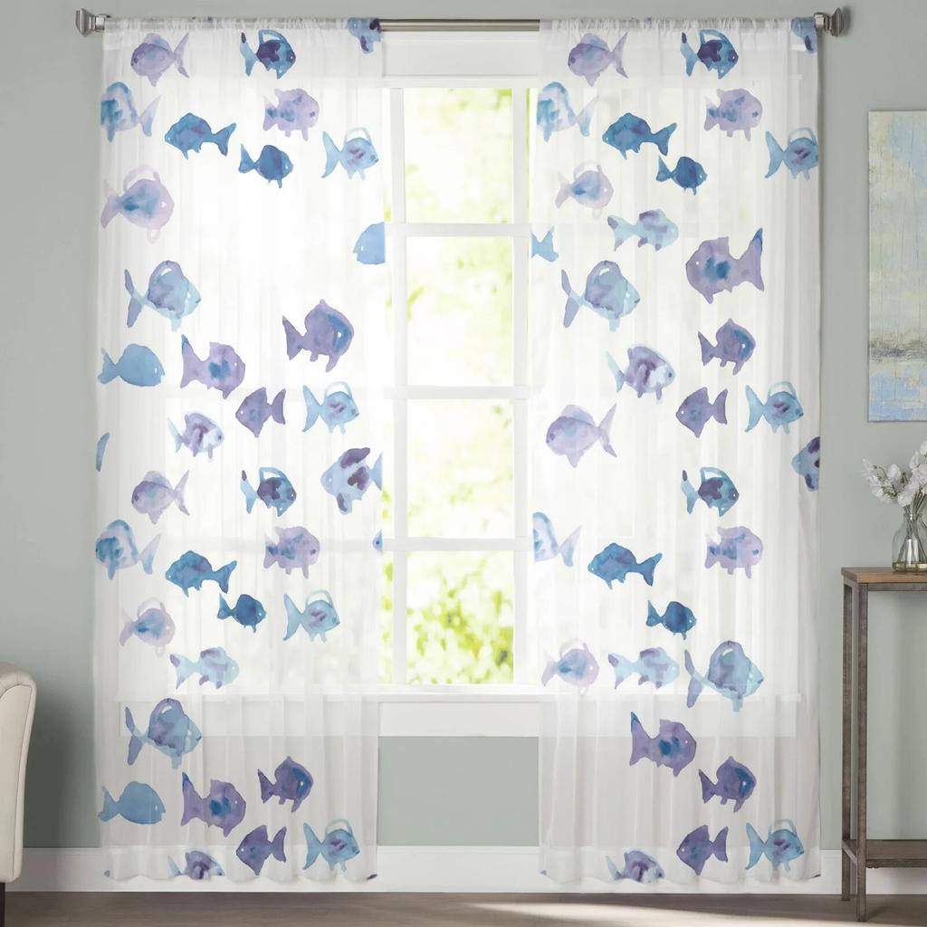 Фиолетовая рыбка, акварельная живопись, прозрачные оконные шторы для гостиной, спальни, украшения комнаты для девочек, тюлевые шторы