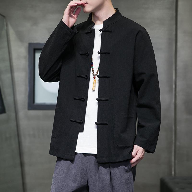 Men's Cotton Linen Long Sleeved Shirt Men's Autumn Hanfu Tang Buttoned Jacket