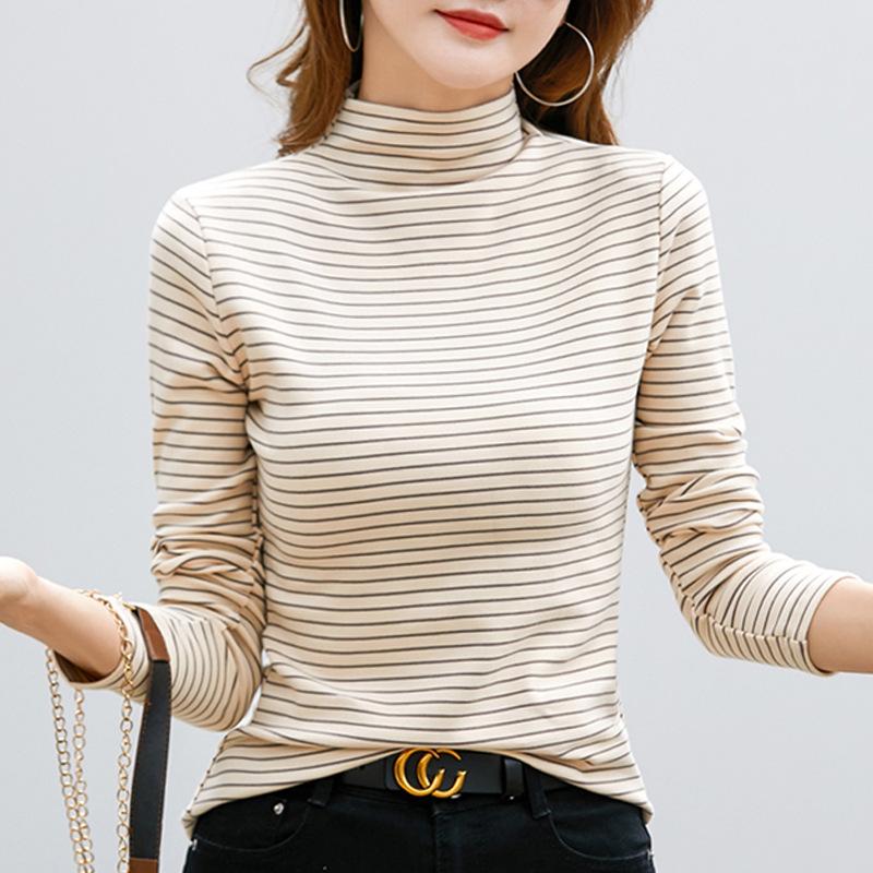 Футболка женская, модная, с длинным рукавом, Camisetas, эластичная, Ropa De Mujer, водолазка, полосатая футболка, теплые топы, базовые футболки