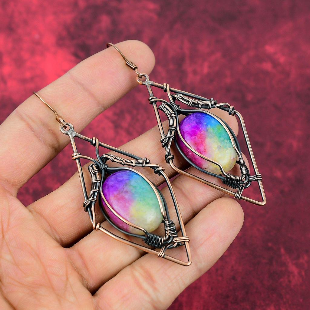Rainbow Solar Quartz Druzy Earring Copper Wire Wrapped Gemstone Earring Antique Jewelry Handmade Earrings Copper Wire Jewelry Gifts For Her