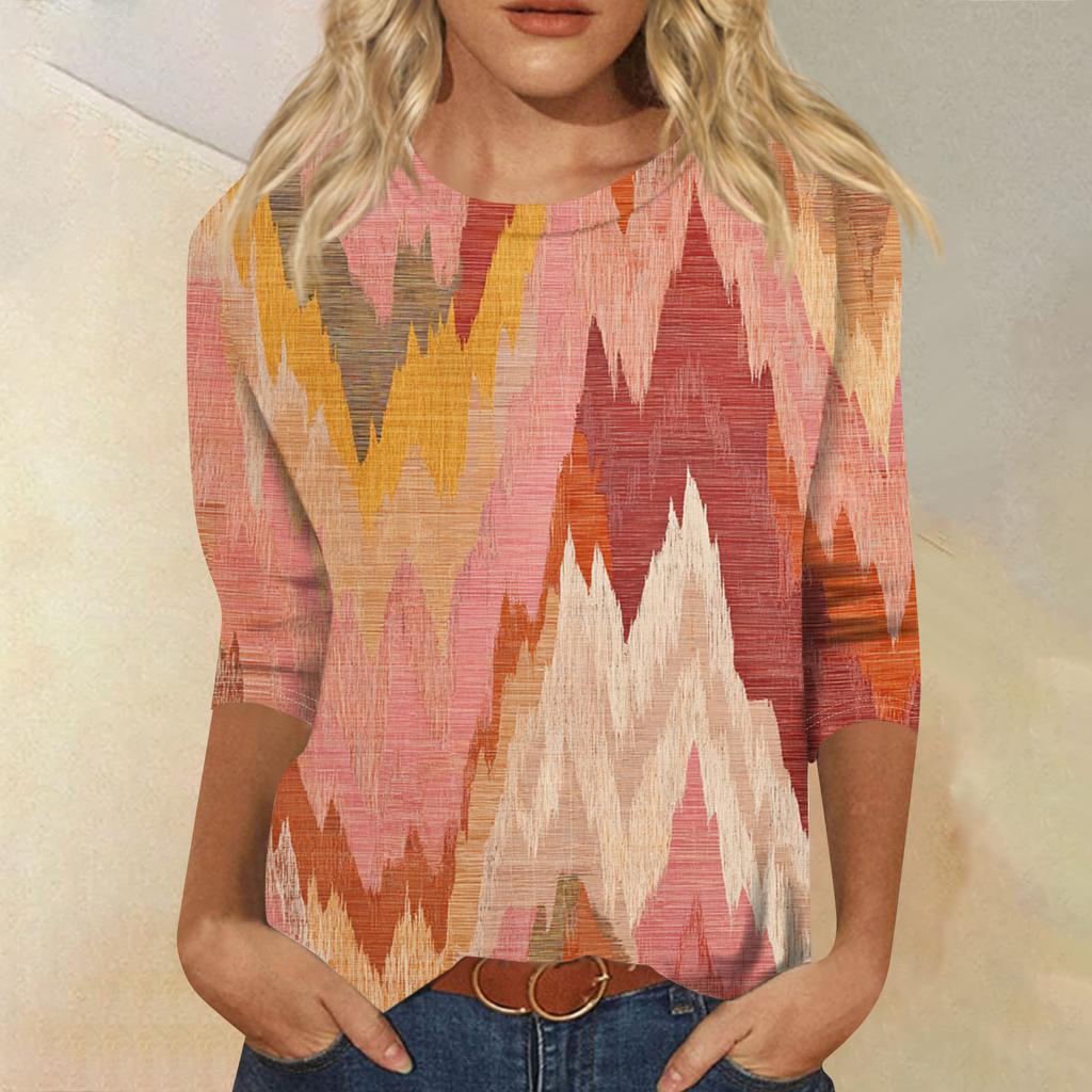 Women's Fashion Casual Round Neck Three-quarter Sleeve Gradient Print T-shirt Top