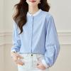 Blue Striped Shirt for Women Long-sleeved Spring Clothes New Round Neck Top Korean Style Fashionable Versatile Shirt
