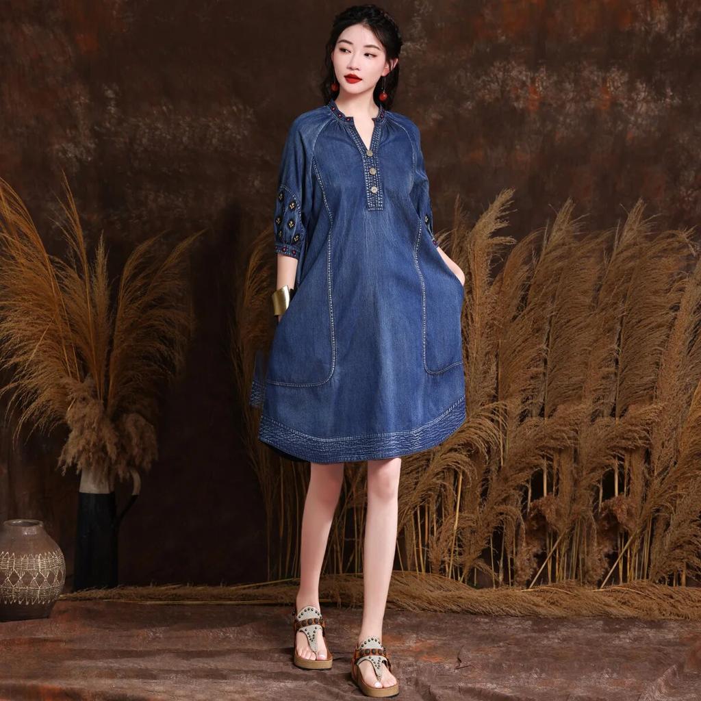 Johnature Retro Pocket Devise Cotton Casual Solid Color A-Line Dress Half Sleeve V-Neck Loose Vintage Style Embroidery Dress