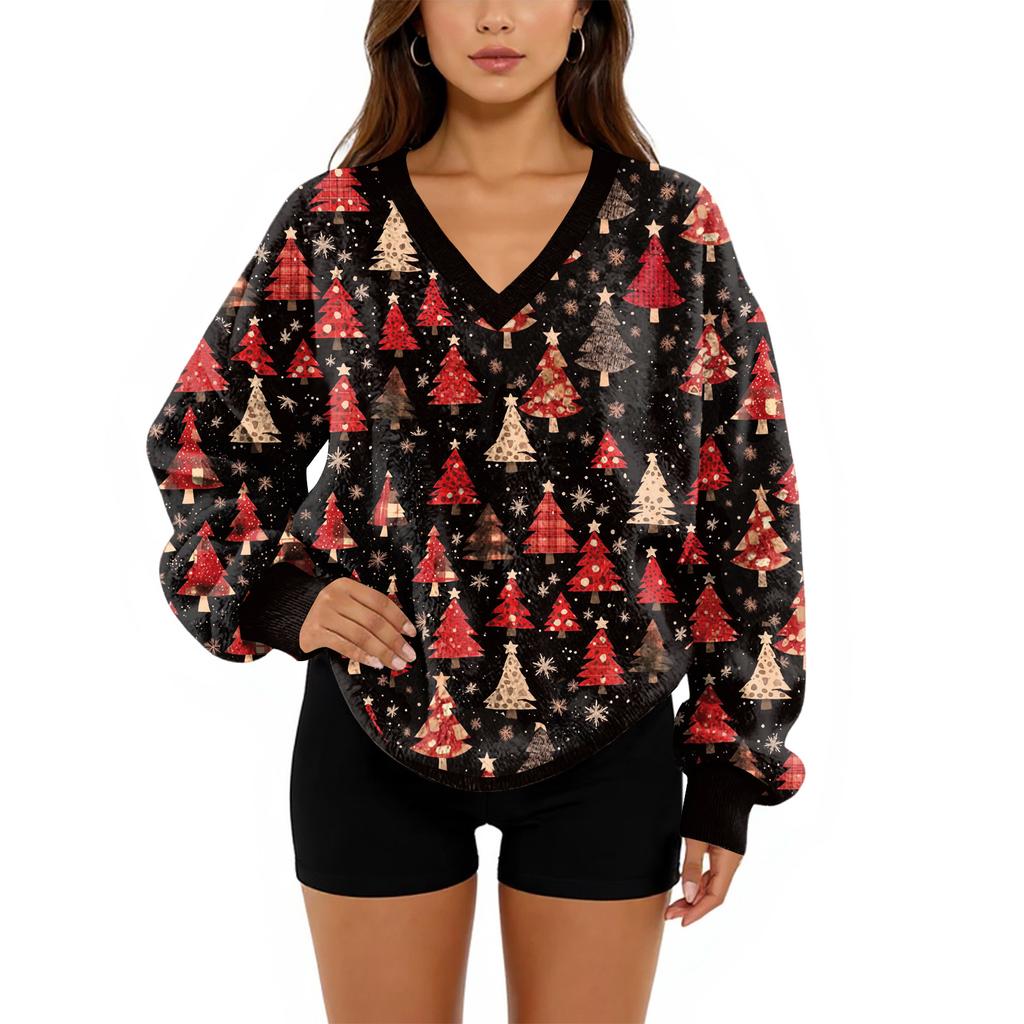 Women's V-Neck Sweatshirt Plush Solid Color Casual Fashion Long Sleeve With Pocketed Pullover Top