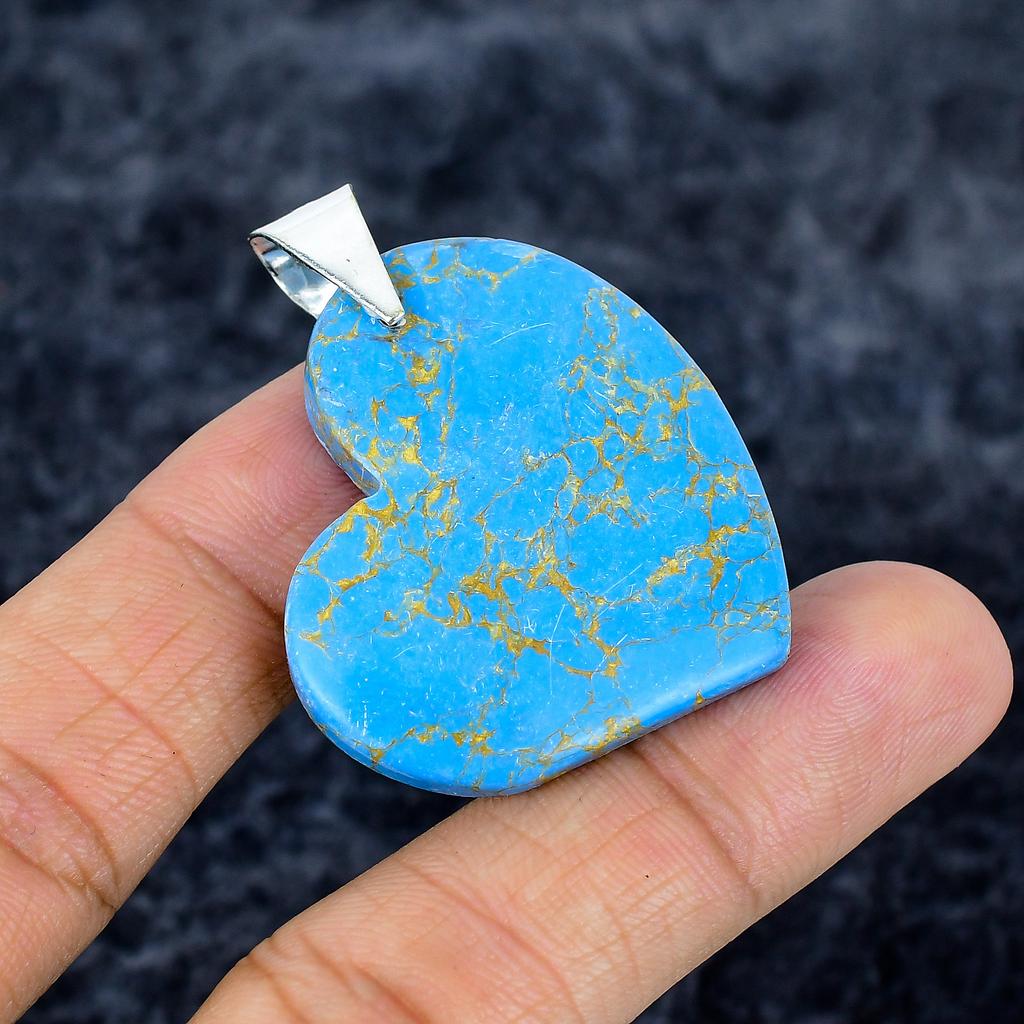 Copper Blue Turquoise Gemstone 925 Sterling Silver Jewelry Pendant 1.81" M-3343