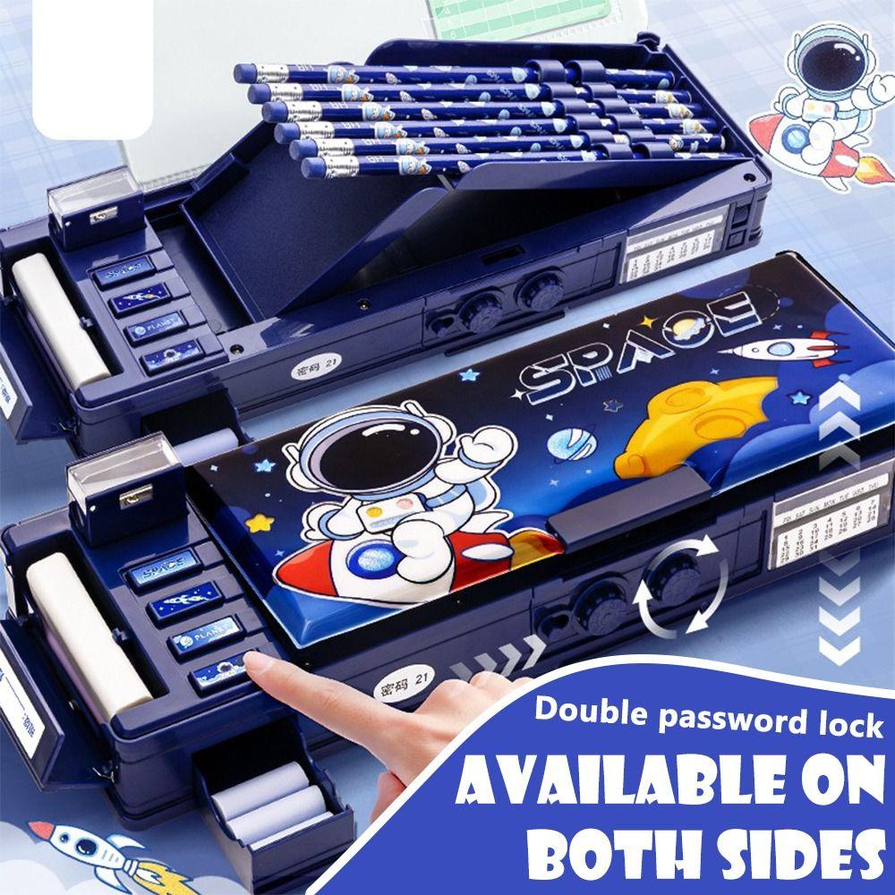Double Layer Pencil Case with Combination Lock Pen Bag Cartoon Stationery Organizer  School Office