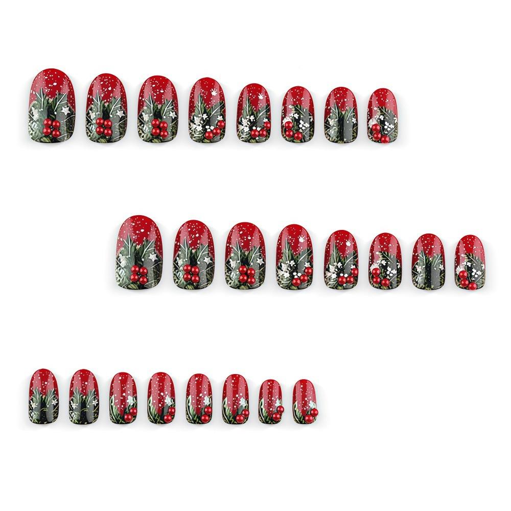 Wine Red Fine Glitter Oval Christmas Wear Nails Holly Red Fruit Snowflake Retro Forest Style Christmas Manicure Fake Nails