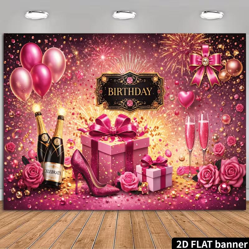 2D Happy Birthday Pink Gold Champagne Heel Backdrop Banner Party Photo Background