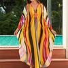 Женская мода отпуск лето весна полосатый принт с длинным рукавом V-образным вырезом повседневные платья