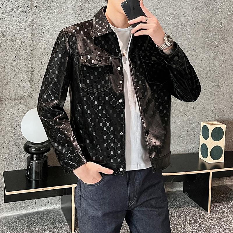 Весенне-осенняя новая мужская модная универсальная кожаная куртка с принтом B-line с воротником-поло мотоциклетное трендовое пальто из искусственной кожи