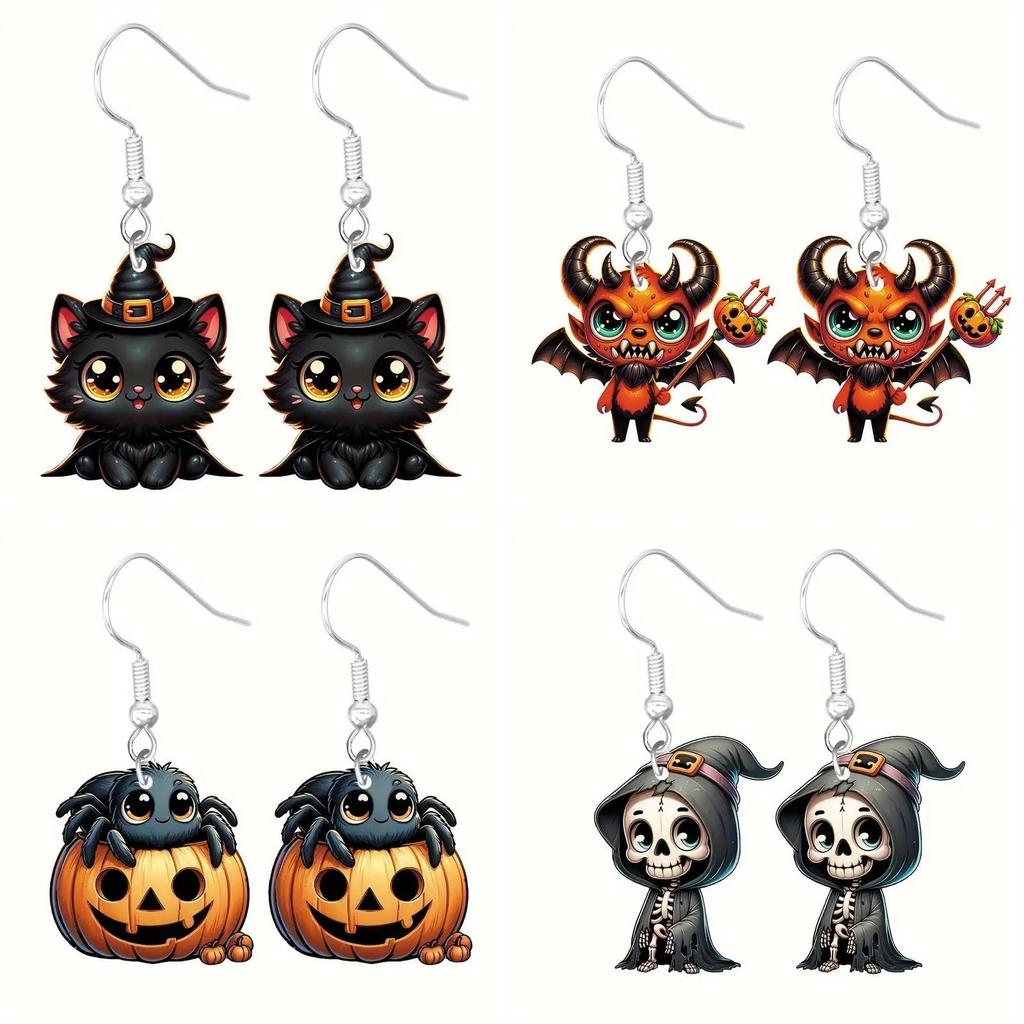 Halloween Earrings Themed Featuring Each Cat Demon Pumpkin And Skull Pattern