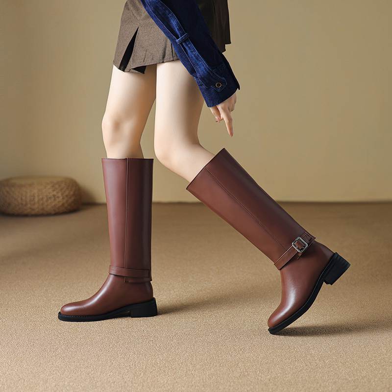 Krazing Pot Cow Skin Autumn Winter Shoes Riding Boots Round Toe Keep Warm Metal Square Buckle Med Heels Thigh High Boots