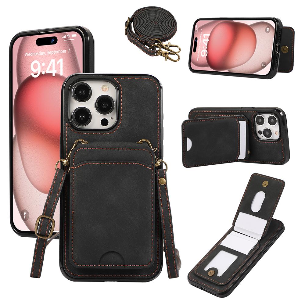 For iPhone 15 Pro Max Case Card Holder Kickstand Leather+TPU Phone Cover with Shoulder Strap