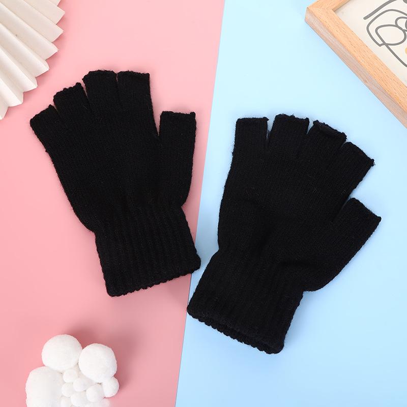 Students Winter Finger Knitted Gloves Outdoor Cycling Games Half Finger Gloves Color Matching Warm Wool Gloves