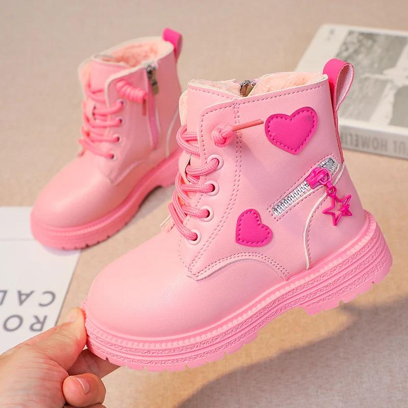 Pink/black Girls Leather Boots with Low Cut Anti Slip Side Zipper Winter Outdoor Girls Fashion Cotton BootsBotas Zapatos De Niña